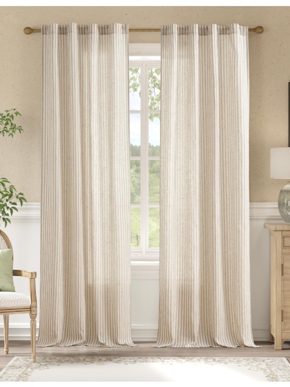 Striped Curtains Light-Filtering Rod Pocket Back Tab - TAUPE GRAY ON BEIGE